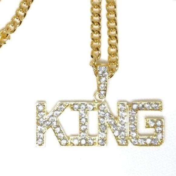KING Men's Iced Out Gold Pendant + Necklace KING - Picture 1 of 5